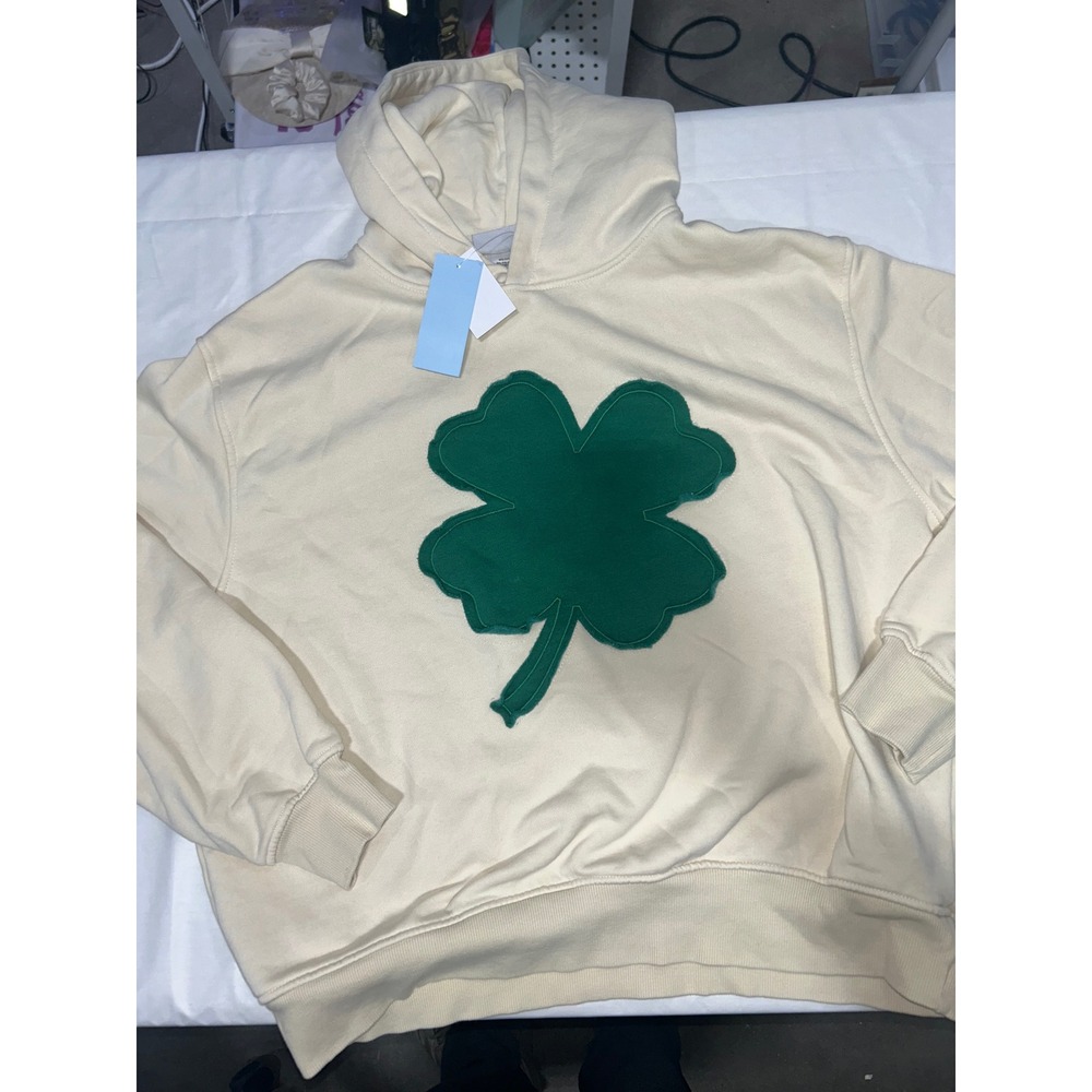 Modern Lux Womens Shamrock Hoodie Cream Green Four Leaf Clover Sweatshirt M NWT